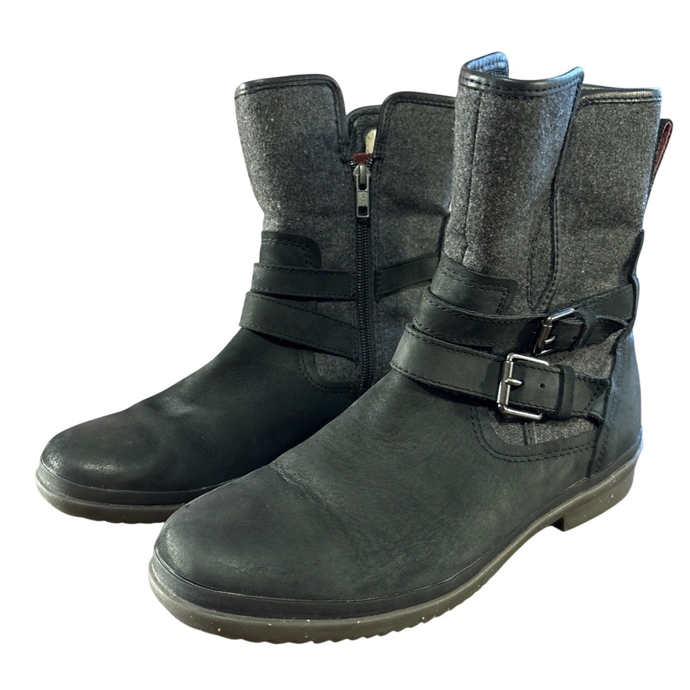 Ugg Boots Sz 9 Black Leather Simmens Shearling Waterproof Mid‎ Calf Moto Bike